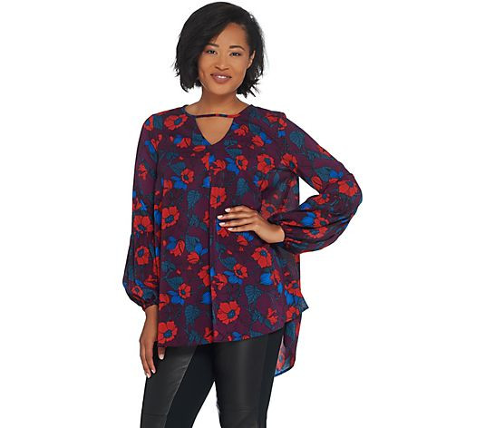Du Jour Floral Printed Woven Tunic with Balloon Sleeves-Plum Wine-Large A342336