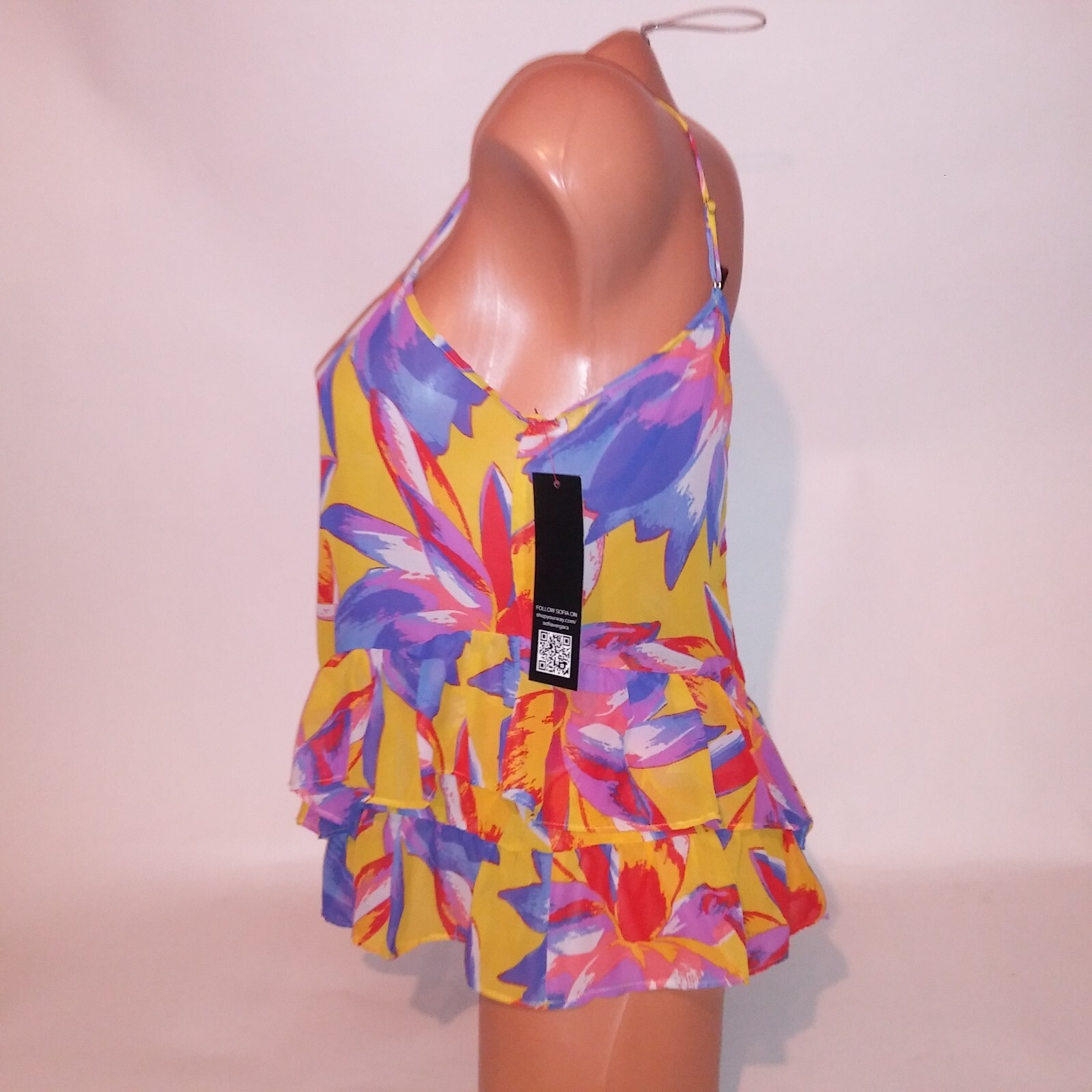 Sofia Vergara Tank Top Womens Medium Yellow Blue Red Abstract Ruffle Chiffon new
