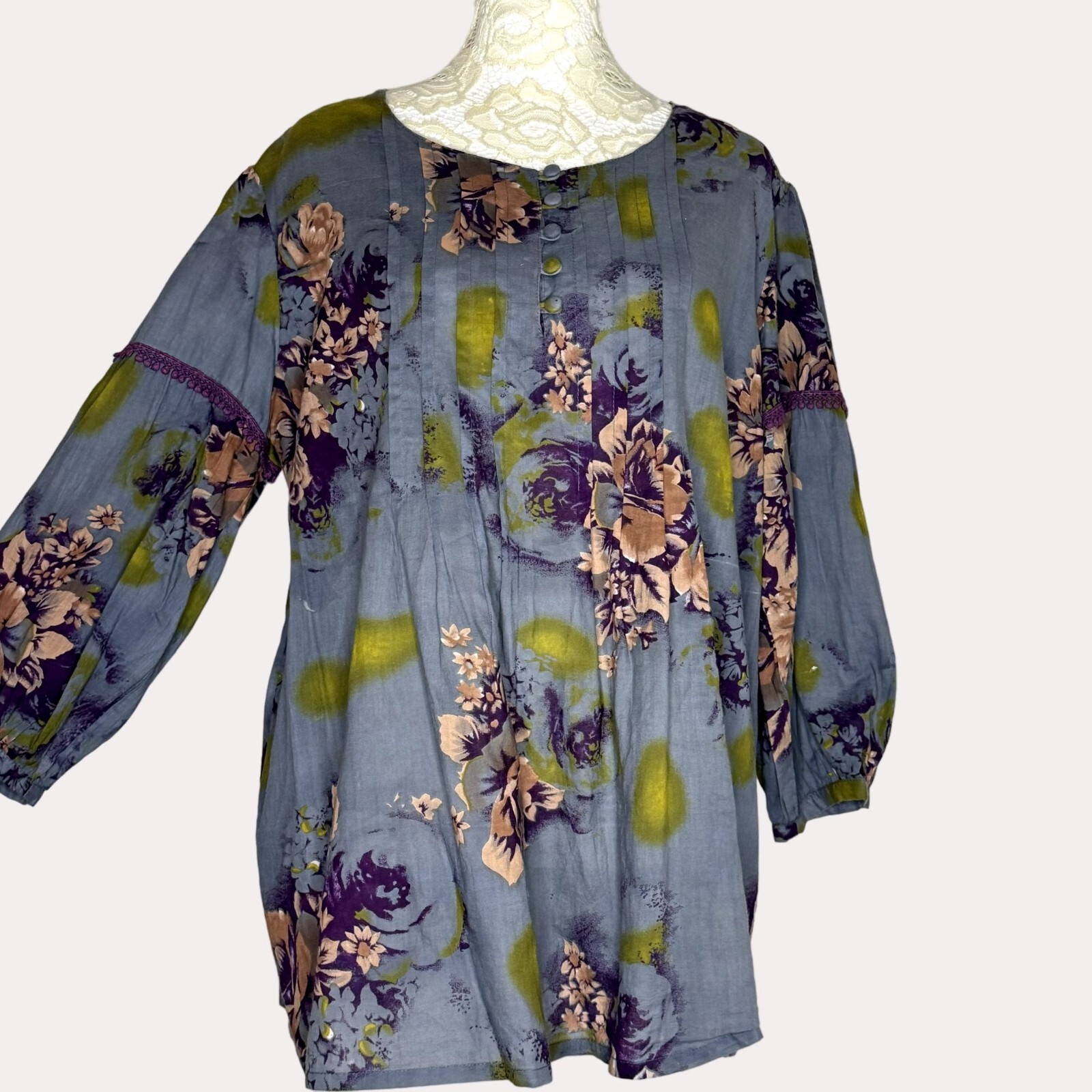 World Market Boho Pleated Crochet Trim Swing Top Blouse Floral S M