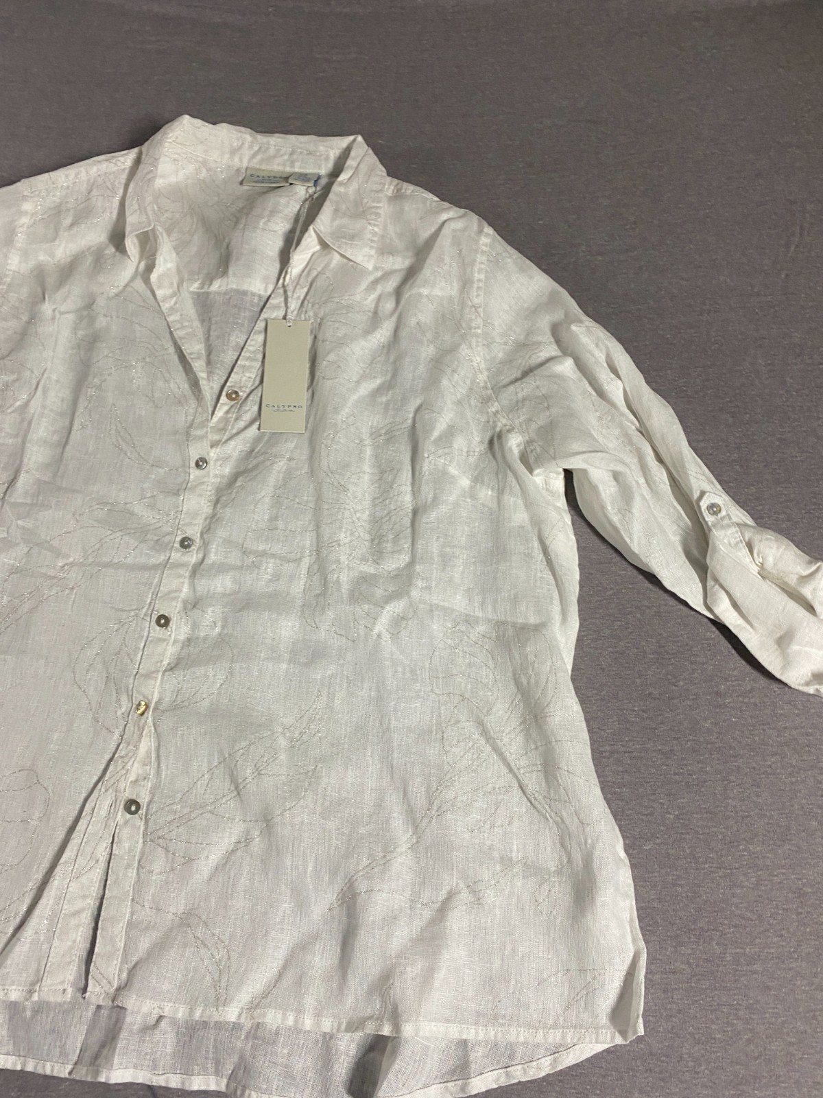 Calypso St. Barth Blouse NEW Women 3X 100% Linen White Silver Metallic Accent