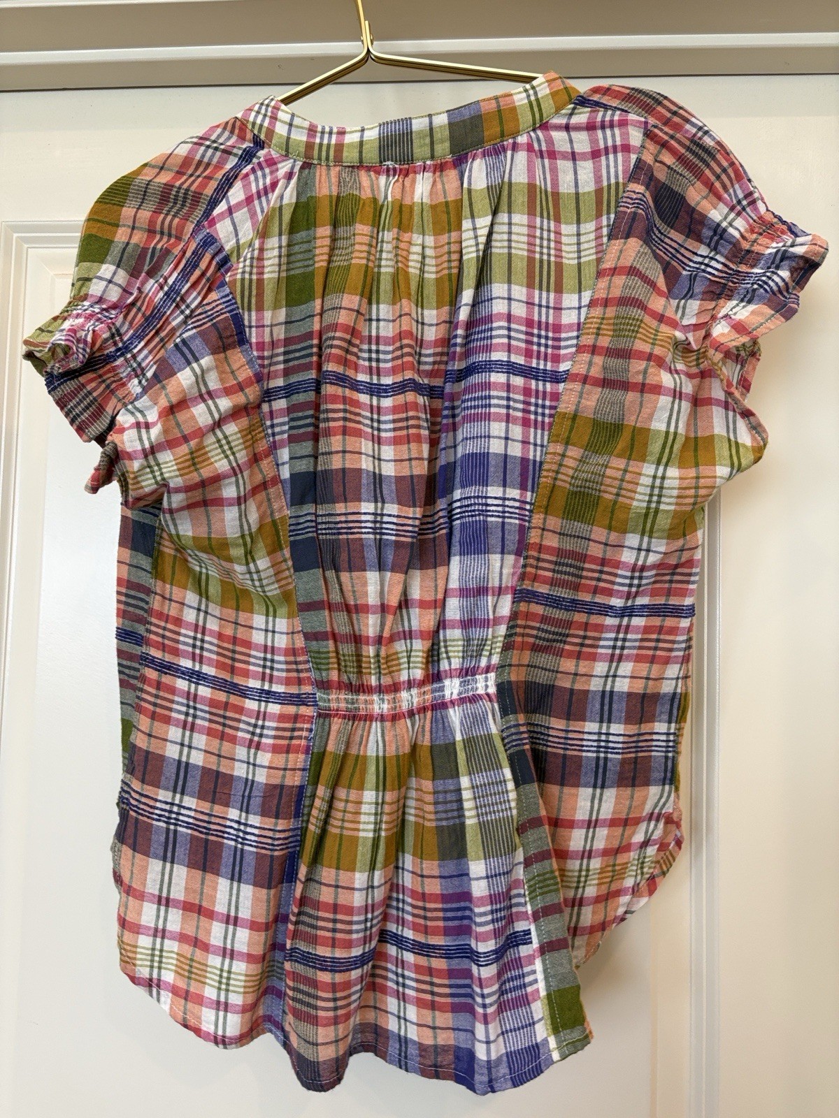 Pilcro Women’s Multicolor Plaid V-Neck Pullover Cap Sleeve Blouse Top