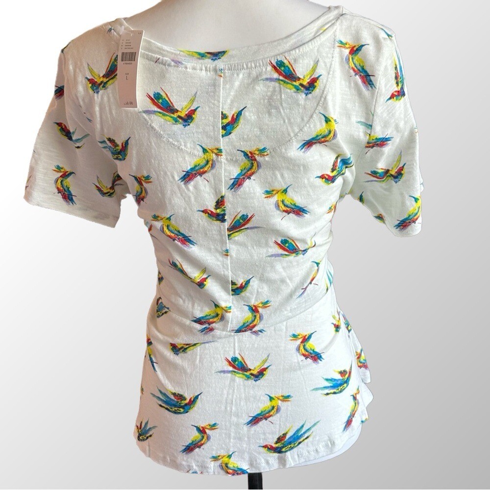 Meadow Rue Anthropologie NWT Hummingbird Tie Front Top Women Large White Multi