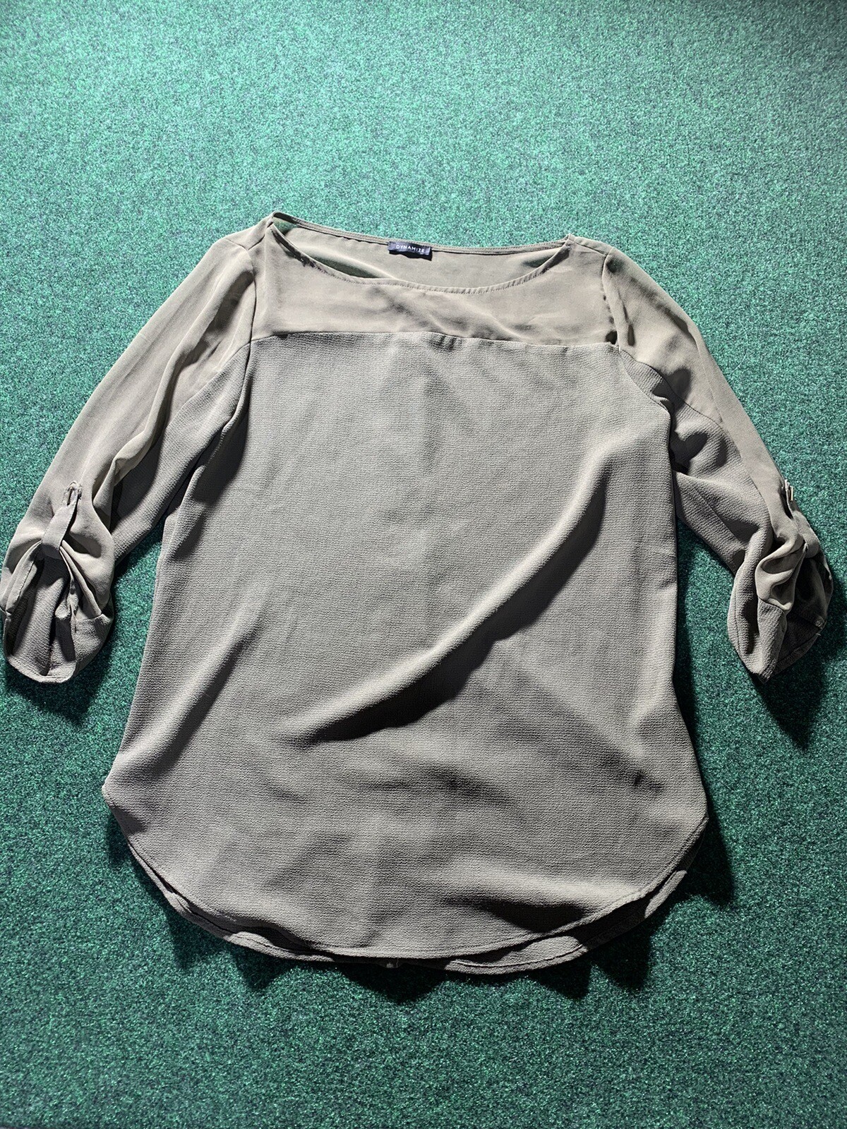 DYNAMITE shirt Women MED Solid olive army green tunic blouse roll tab sleeve top