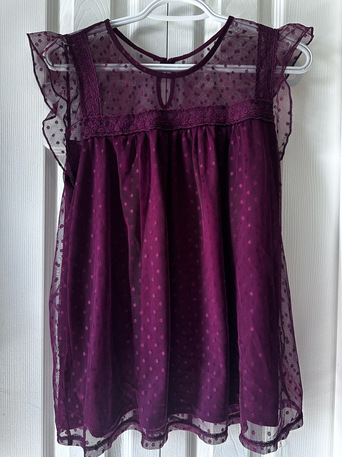 No Boundaries Plum Purple Polka Dot Sheer Mesh Lace Trim Baby Doll Top XL #8