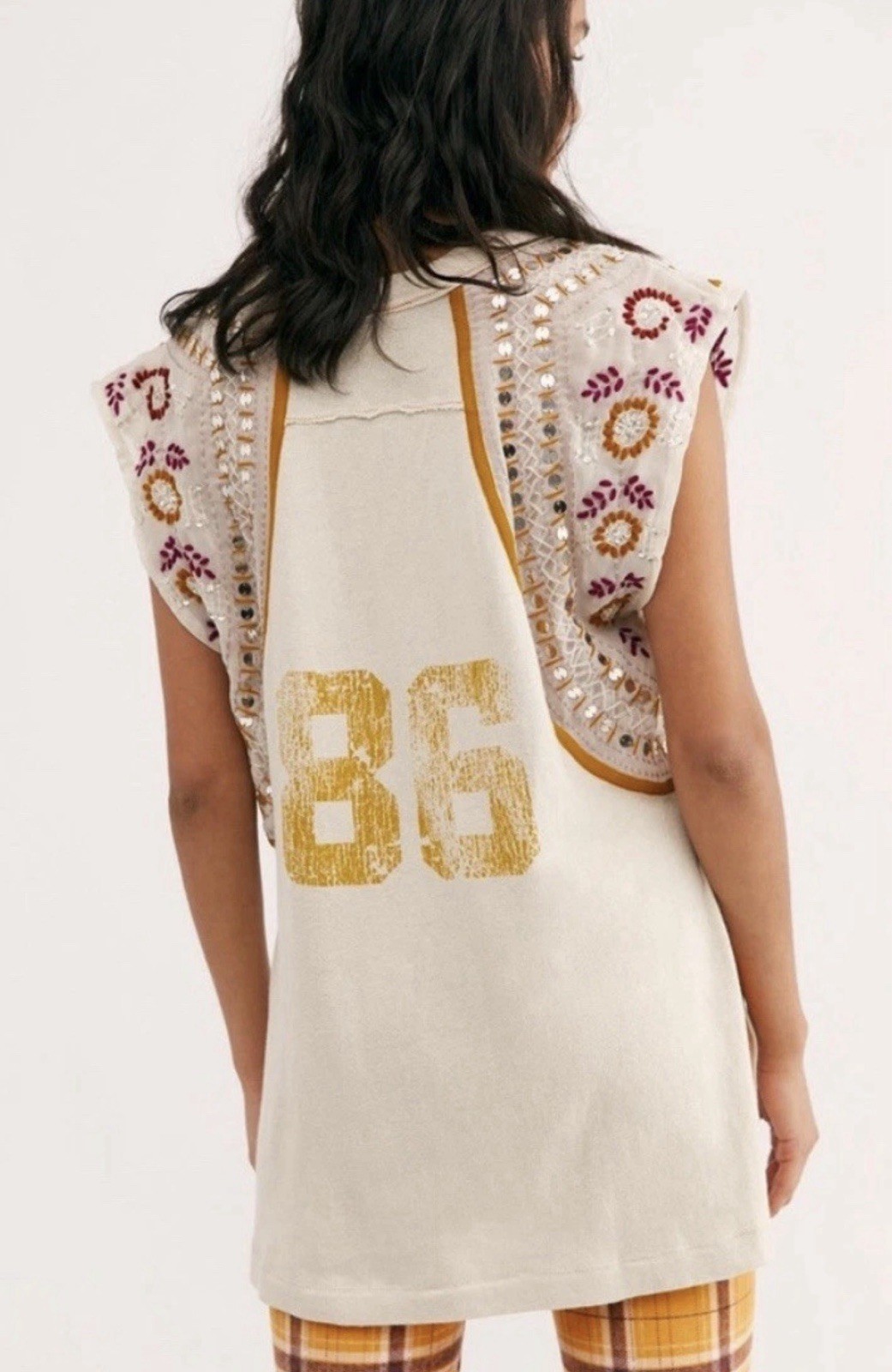 We The Free People M Contrast Sleeves Tee Kint Sequin Los Angeles 86 Jersey Top