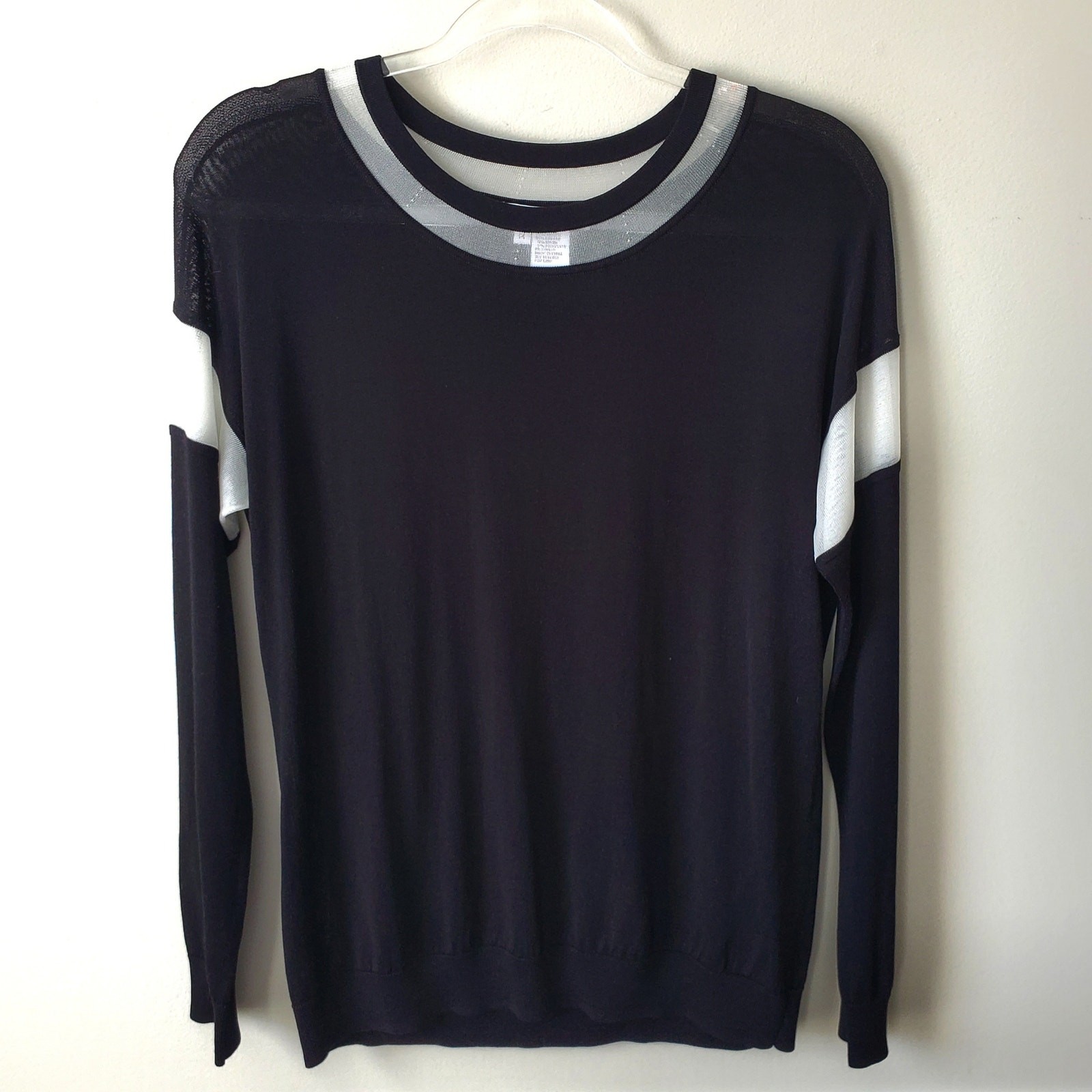 Per Se Black White Sheer Stripe Knit Top M Modern Statement Career Minimalist
