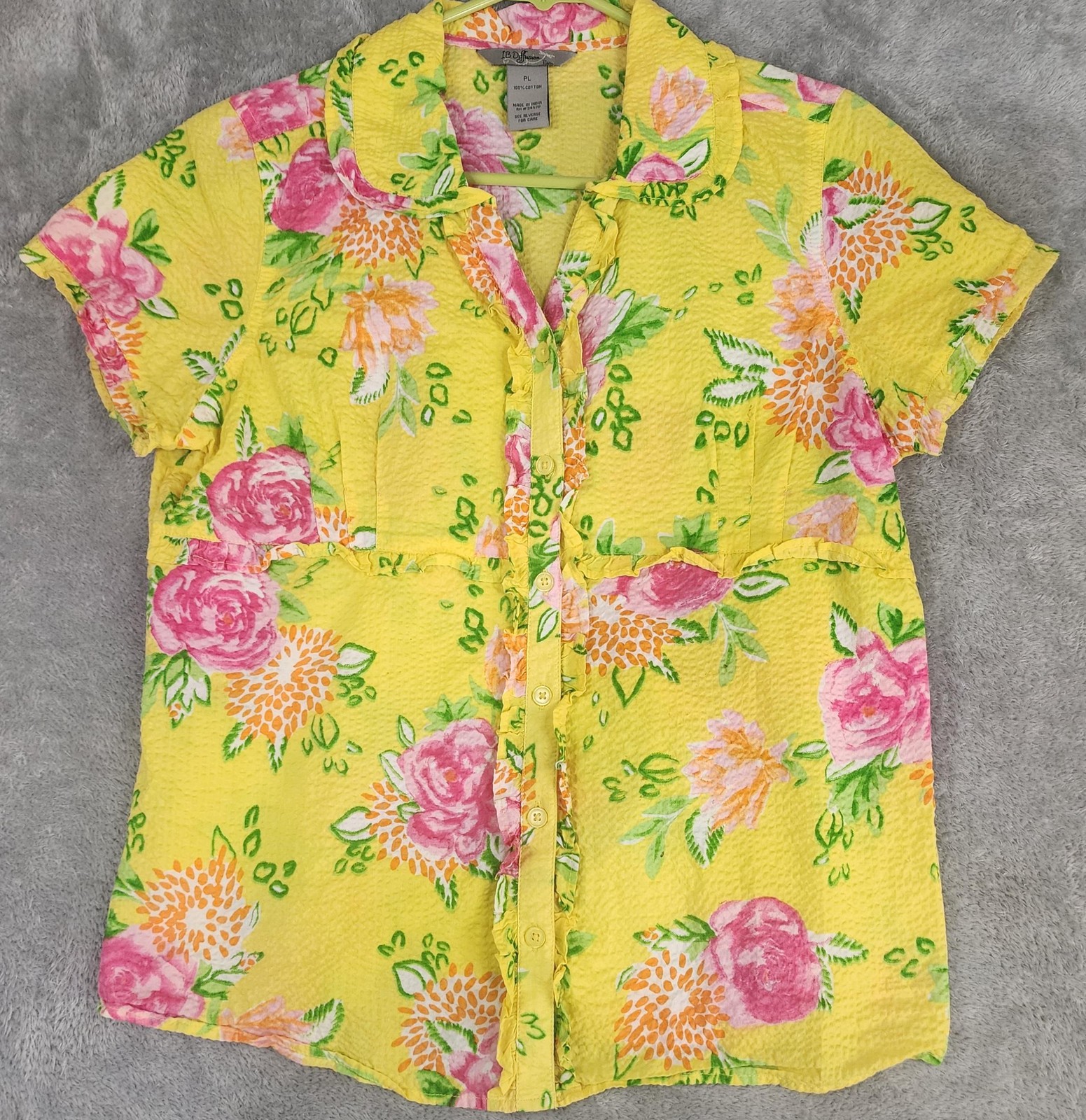 BD Fusion Shirt Womens Large Floral Button Up Short Sleeve Summer Top Blouse