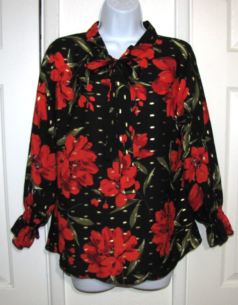 Red/Black Floral High-Neck-Tie-Bow Long Sleeve Blouse Metallic accents Wm S