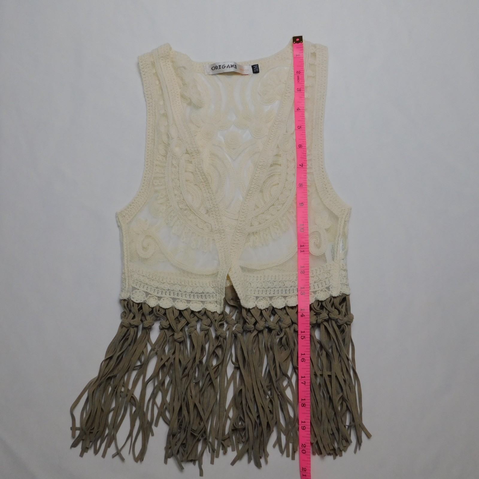 Origami by Vivien Girls Lace Vest Size S/M Cream Crochet Long Fringe Layering To