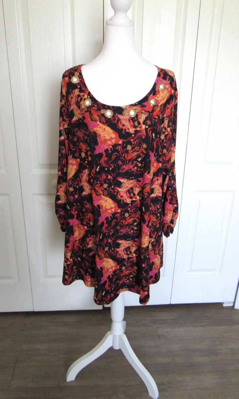 COCOMO PLUS SIZE 1X WOMEN’S TOP BLOUSE ORANGE PINK BLACK 3/4 SLEEVES