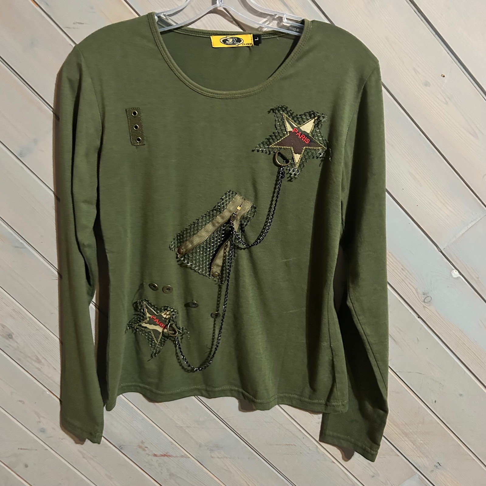 Army Green Paris Embellished Long Sleeve Top Streetwear Chic Womens
