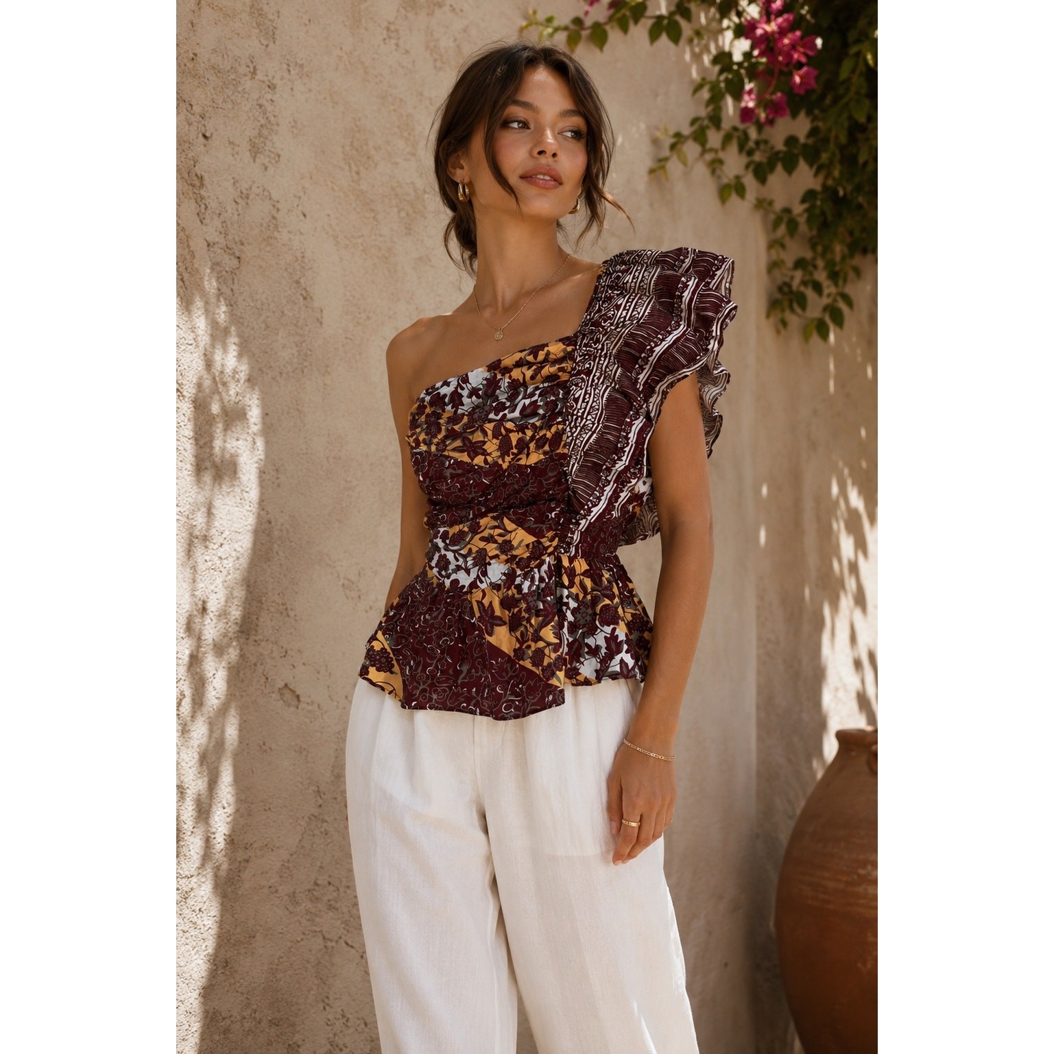 Love the Label Galit One Shoulder Ruffle Peplum Top Floral Boho Size Large NWT