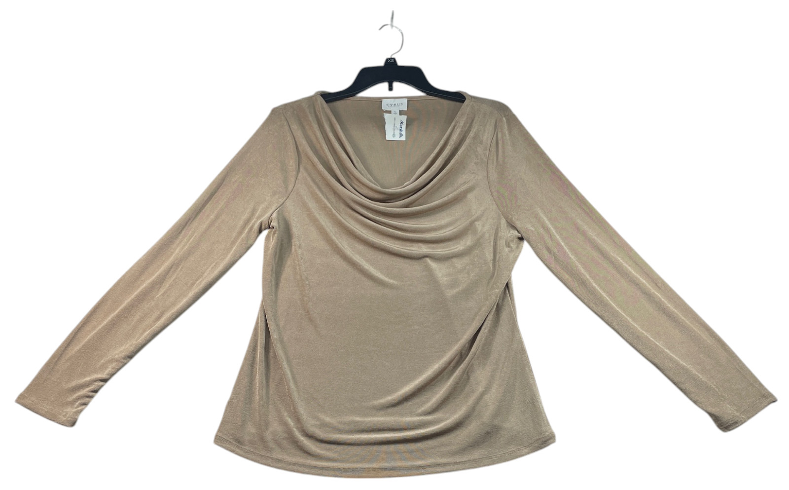 Cyrus Essential Blouse Womens Size Large Tan Long Sleeve Cowl Neck Stretch New