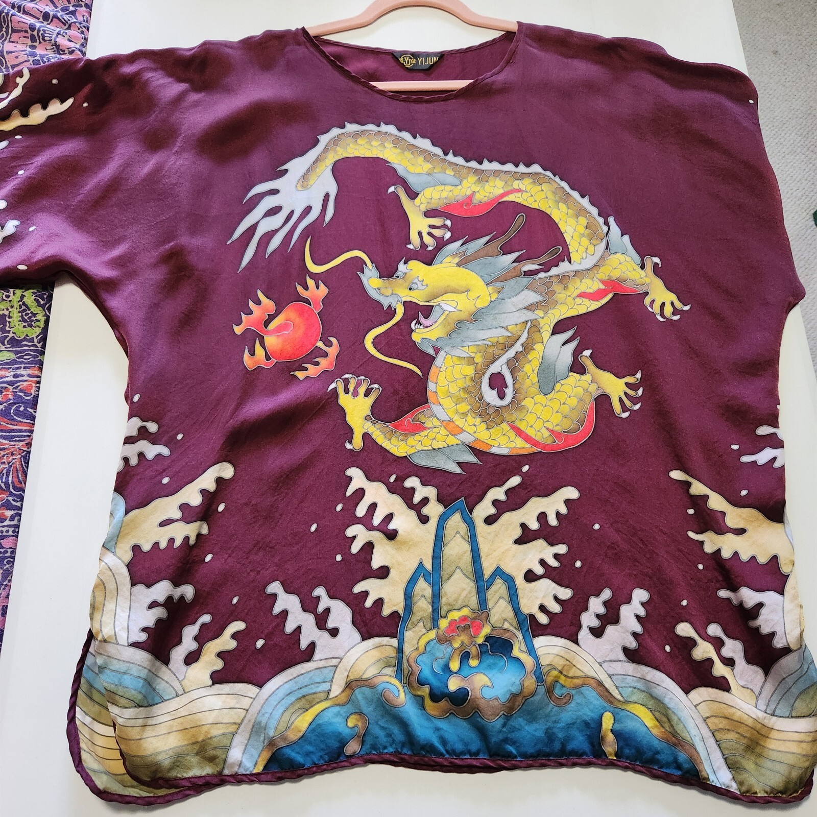 Vintage Yi Jum Silk Dragon Tunic Y2K Top Womens XL Sandwashed Year Of Dragon 🐲