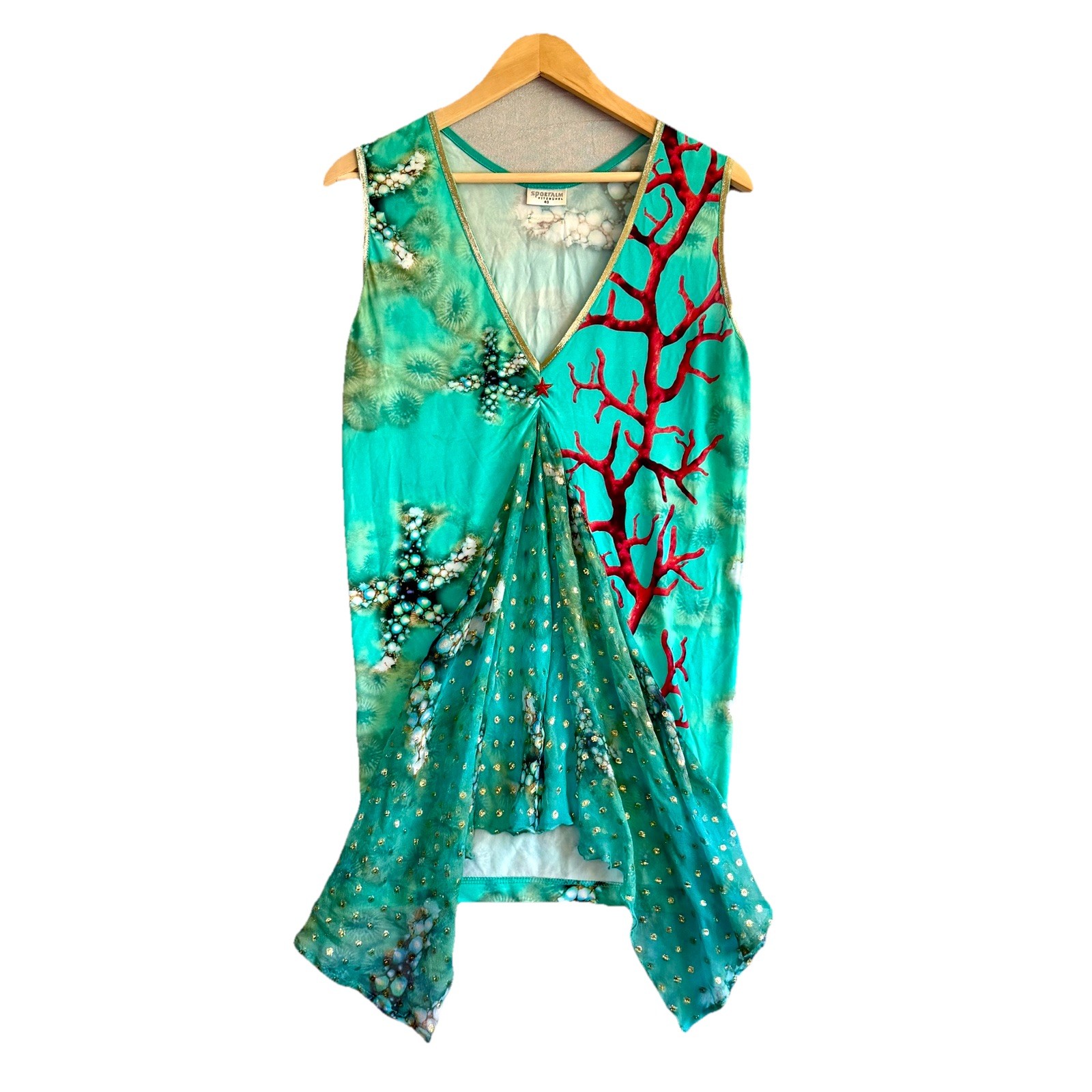 Sportalm Tunic EU 40 Green Sleeveless Blouse Sheer Trim Starfish Mermaid US 8