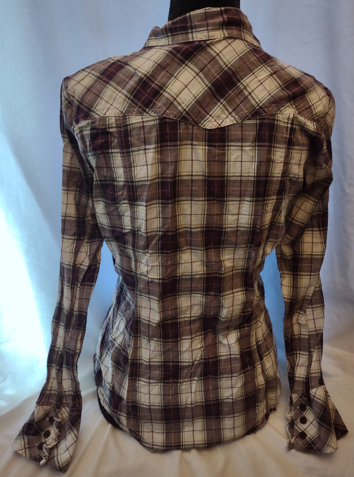 GAP Plaid/Button/Collar/Western Light-Weight Shirt–Purple/White/Silver–Medium