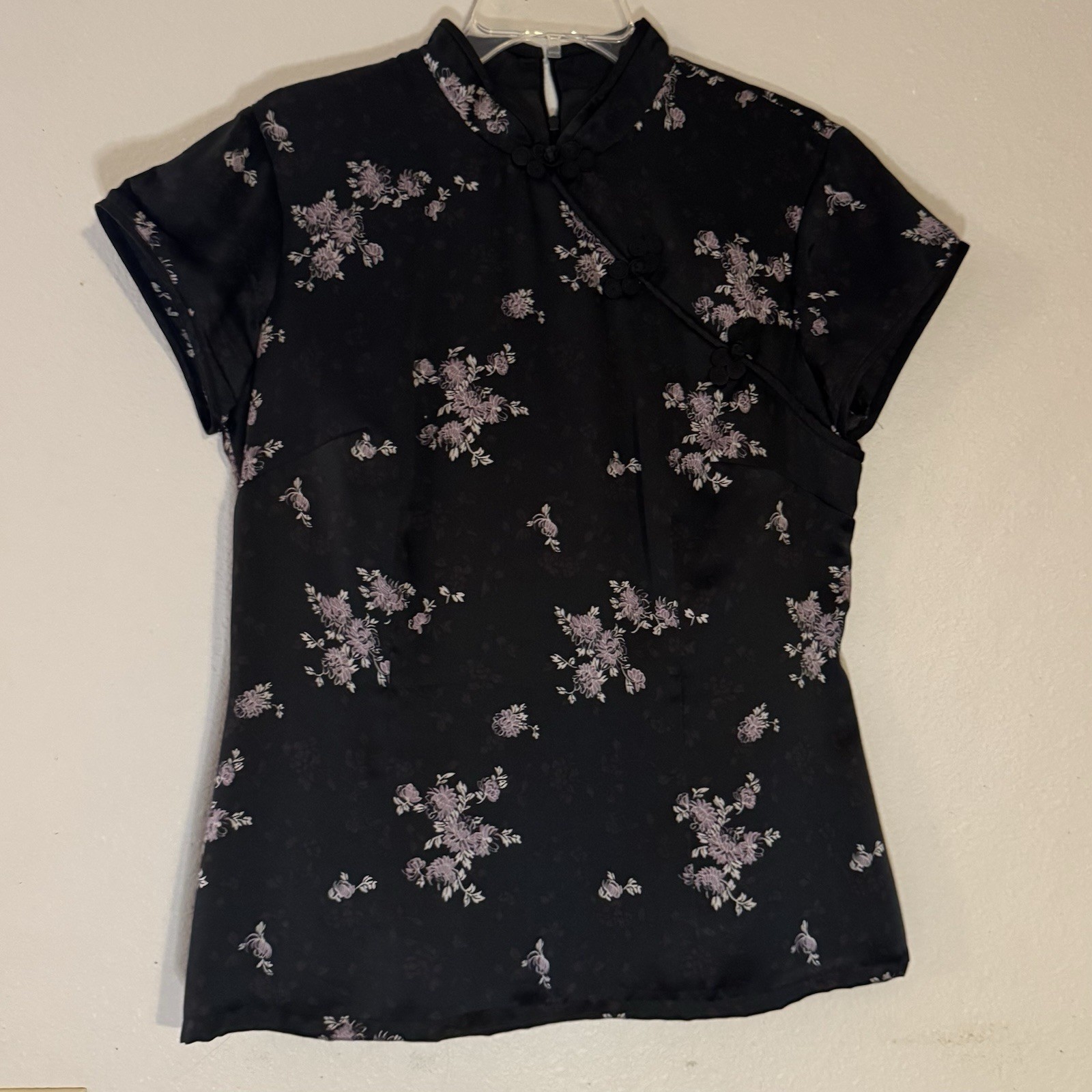 Amanda Lane Traditional Chinese Top Cap Sleeve Mandarin Collar Black Floral Zip