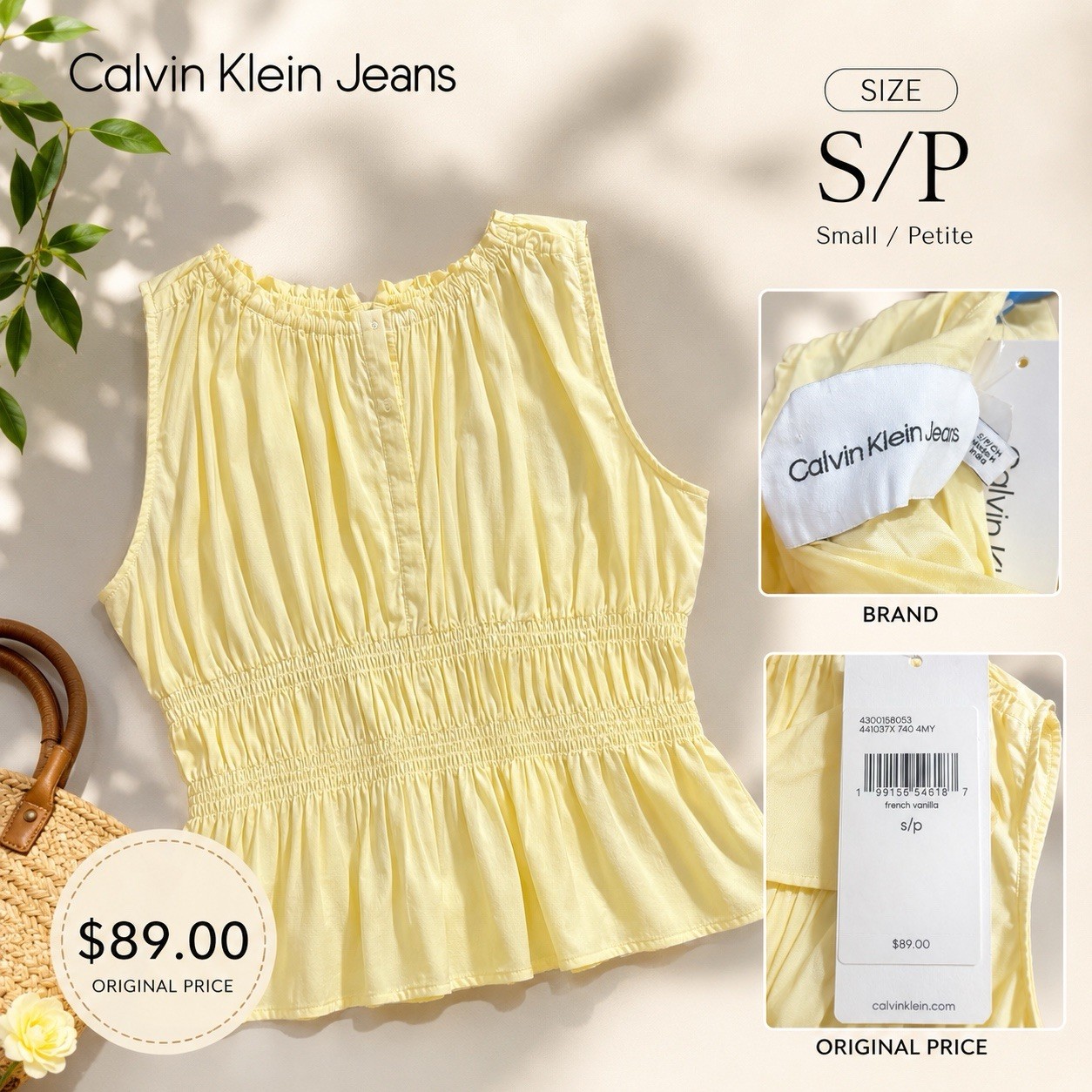Calvin Klein Jeans Yellow Solid Round Neck Smocked Peplum Button Blouse, S/P