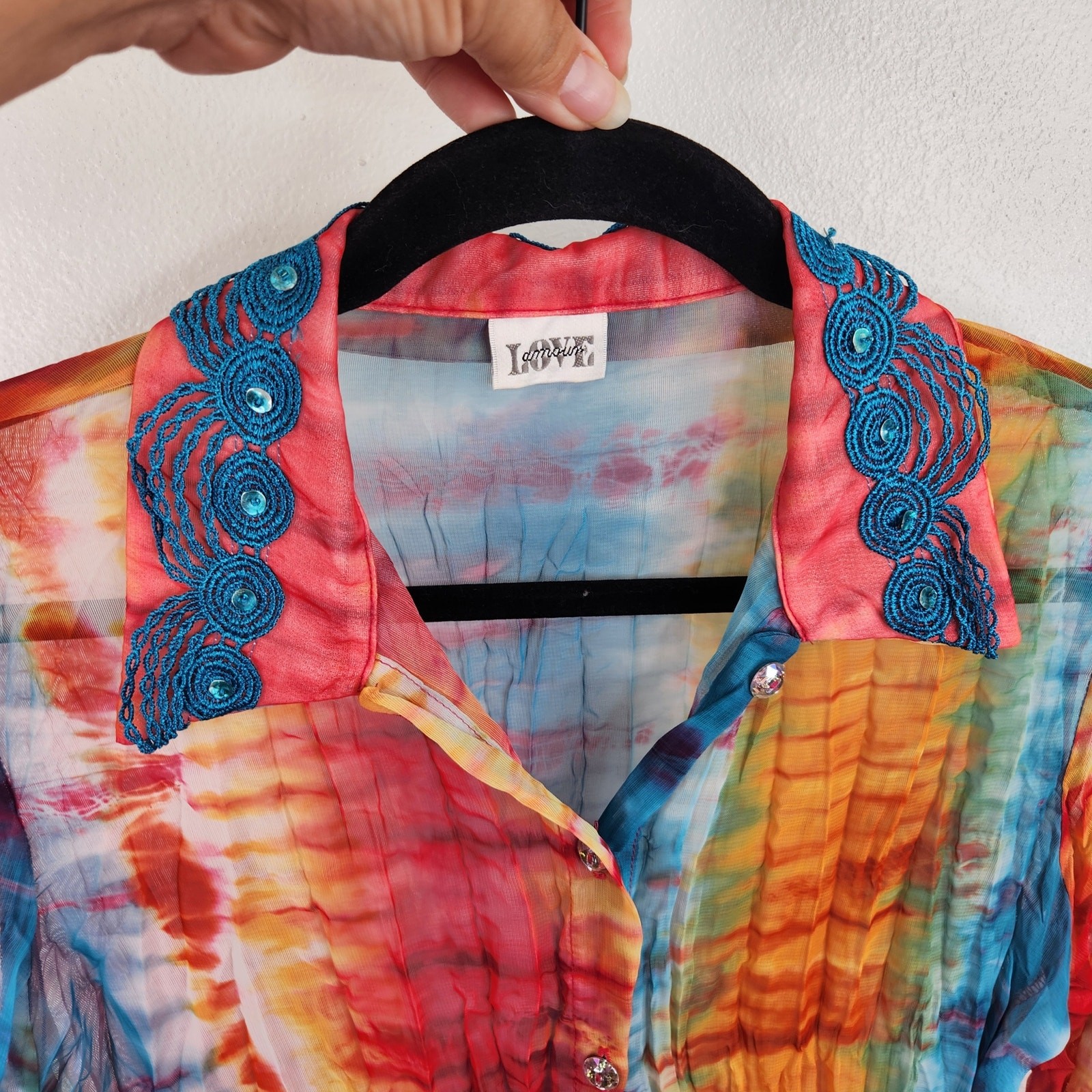 VTG Love Amour Tie Dye Sheer Button Down Blouse Art to Wear Women’s Large
