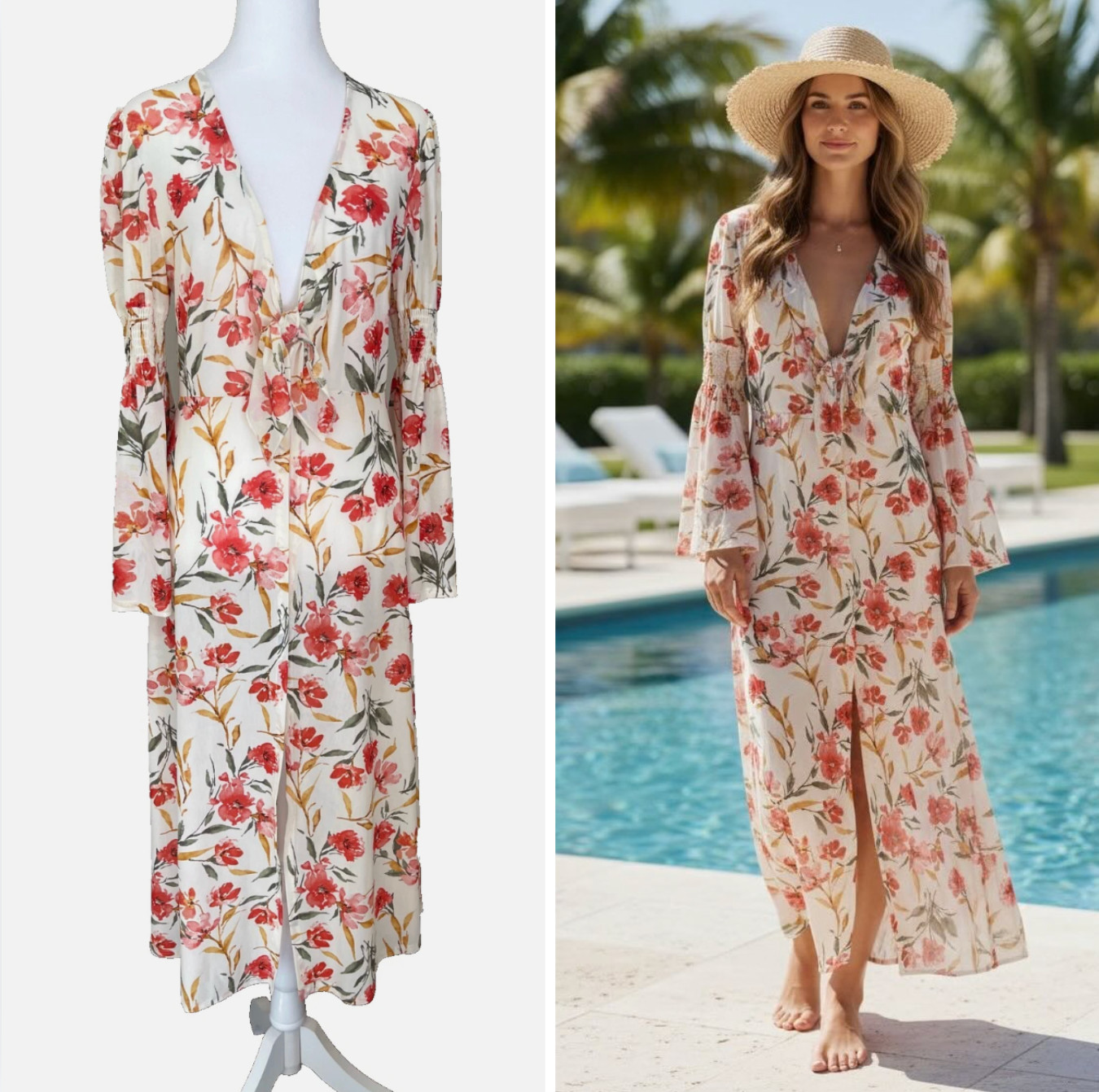 Boho Floral Kimono Duster Resort Cover-Up Open Front w/Tie Beach M Ember