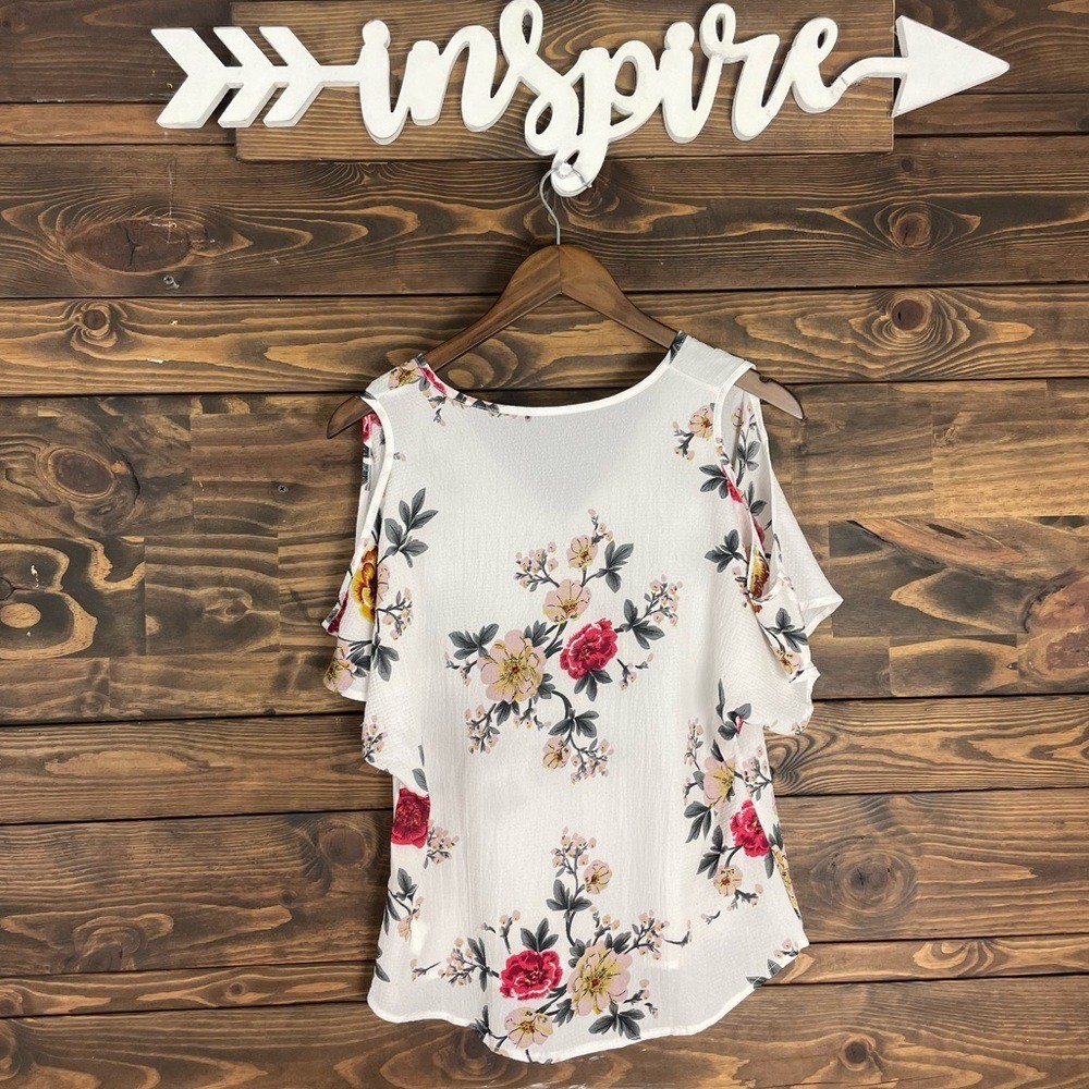 Floral Cold Shoulder Blouse V-Neckline Top
