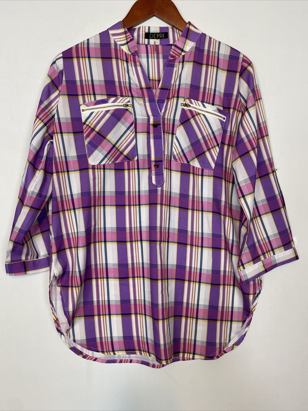 Depri Women’s Small Multicolor Plaid Bold Lightweight Sheer Blouse Shirt Tunic