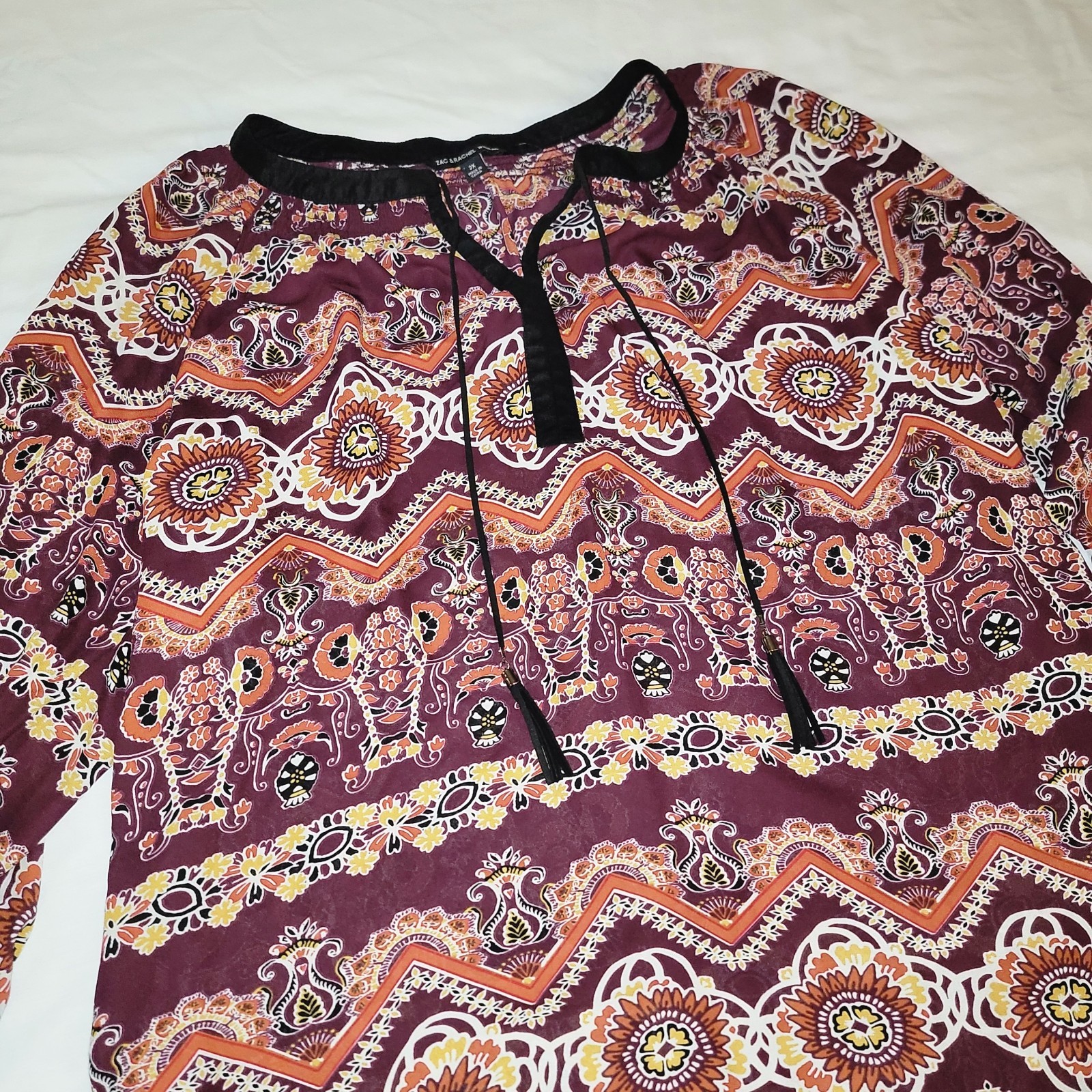 Zac & Rachel Womens Plus 2X Burgundy Paisley Split Neck 3/4 Tunic Tie Tassel