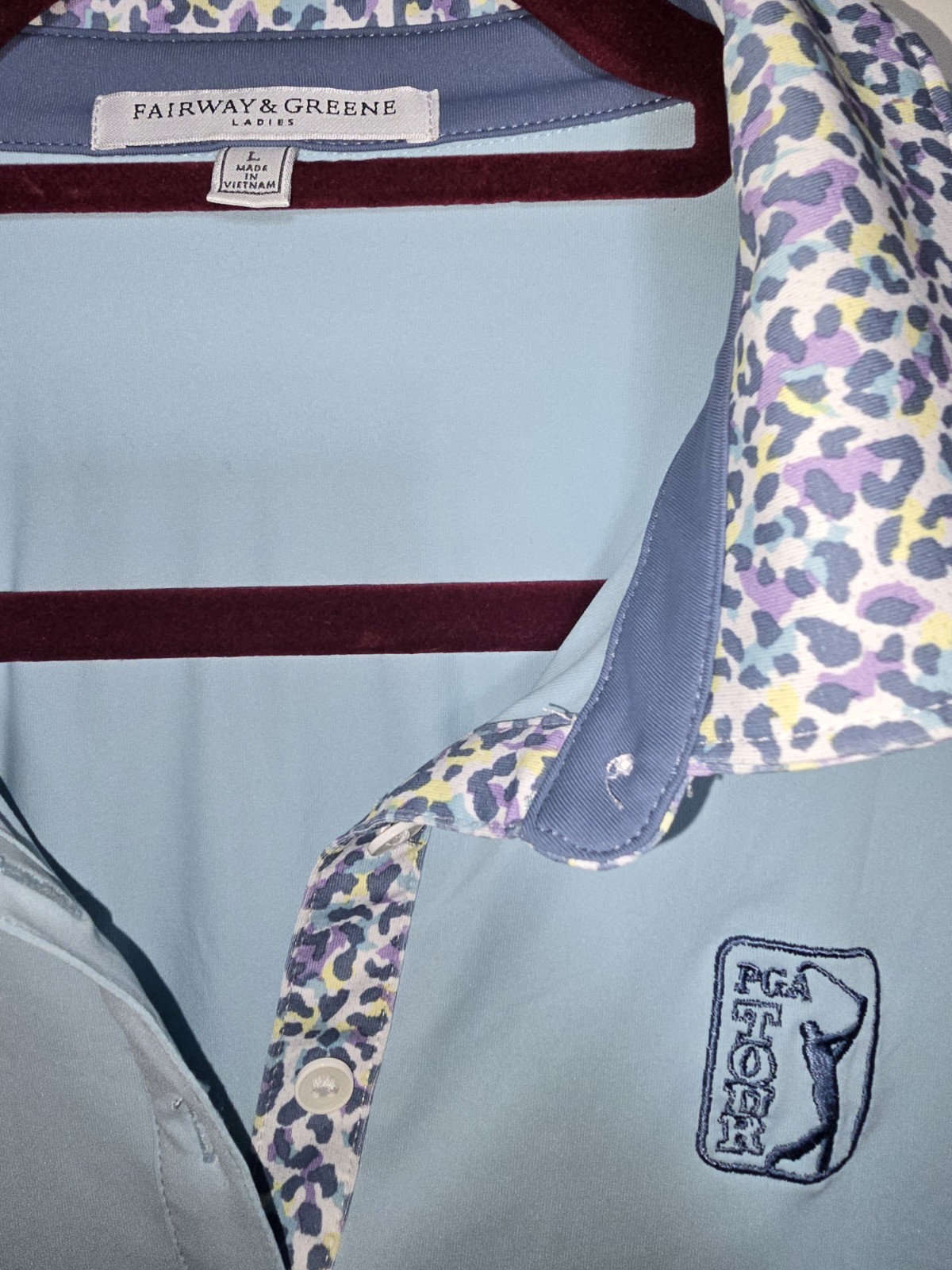 FAIRWAY & GREENE Women’s Size L Golf Polo Shirt blue with animal print
