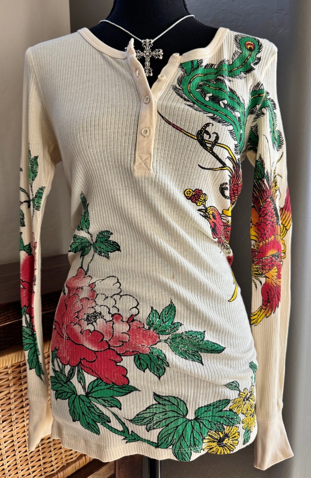 New Womens Damsel Y2K Koi Bird Hardy Look Button Long Sleeve Shirt L Large