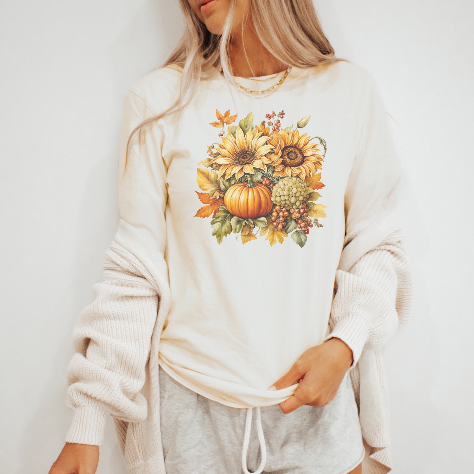 Sunflower Pumpkin Grapes Fall Shirt Cream Autumn Floral Long Sleeve Tee