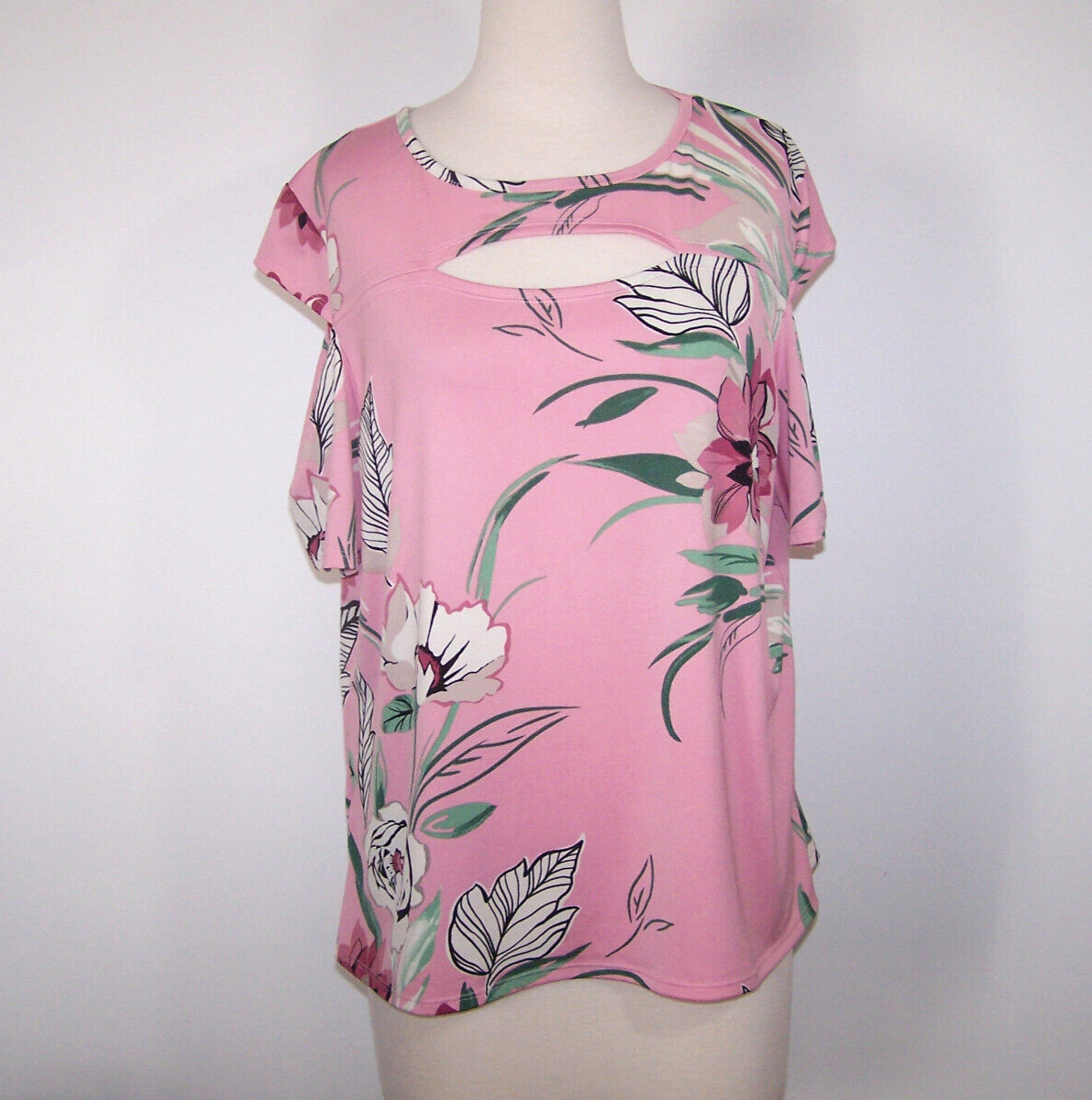 BonWorth Shirt Women Size PL Cutout Floral Stretch Flowy Short Cold Shoulder Top