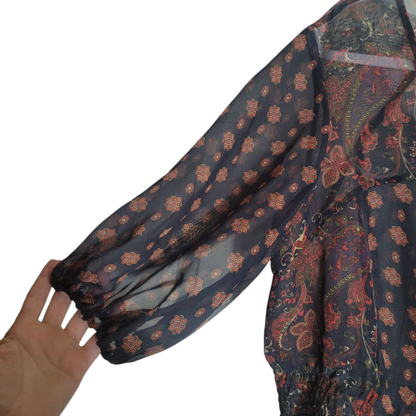 Motto Sheer Button Up Balloon Sleeve Smocked Waist Blouse Womens Small Black Y2K