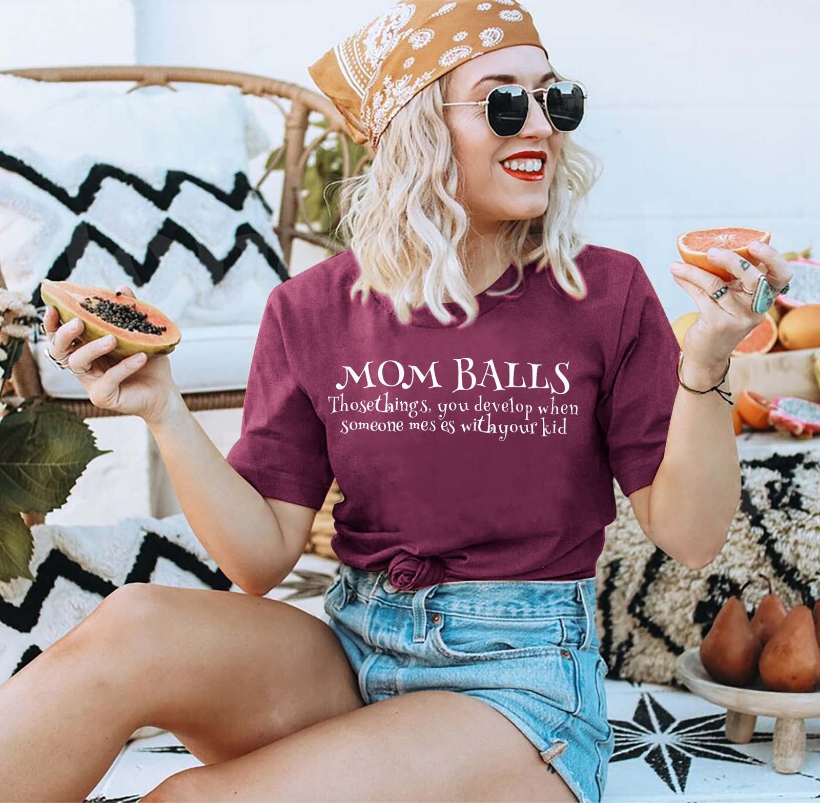 Mom Balls Letter Printed Graphic T-shirts Short Sleeve Tee Purple Size Small