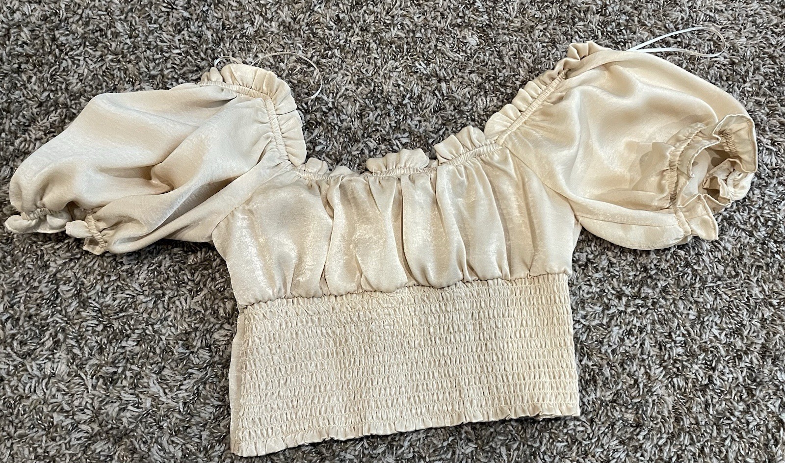 Lily White Women’s Beige Puff Sleeve Corset Peasant Crop Top Tie Front Small NWT