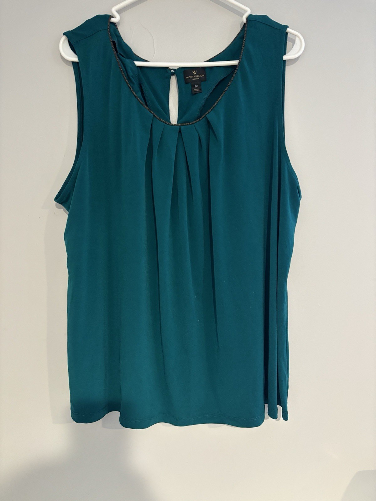 Worthington Women Blouse Top XXL Green Mock Neck Sleeveless Keyhole Button