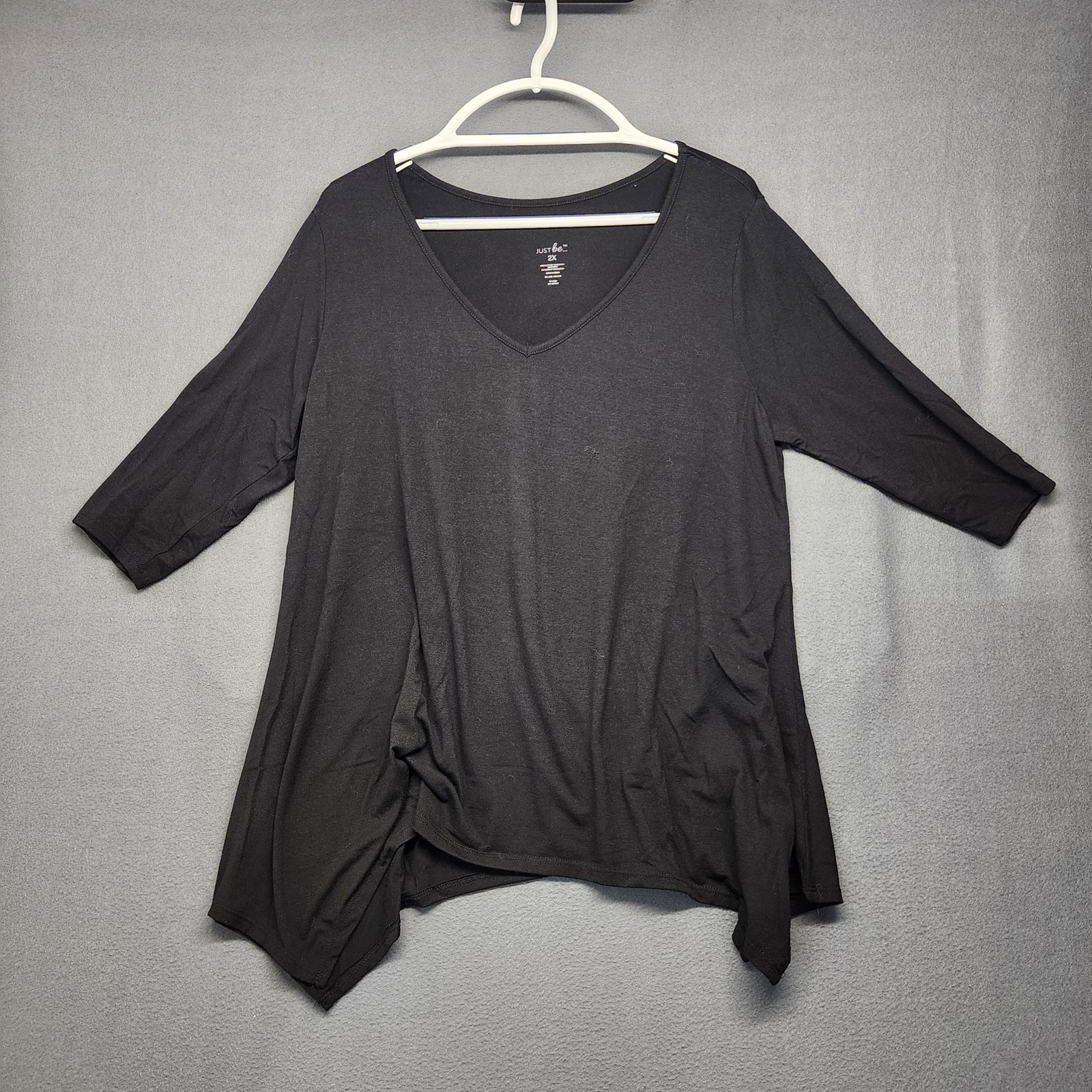 Just Be Shirt Womens 2X Black V Neck 3/4 Sleeve Stretch Asymmetrical Hem Top