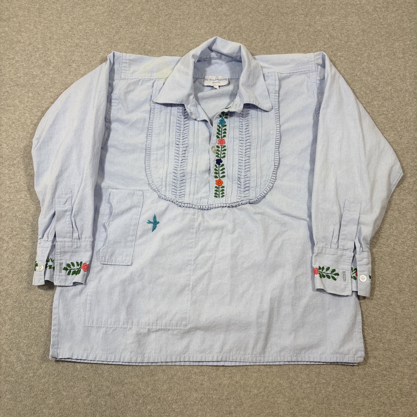 Mi Golondrina Blue Sz S Blouse Top Polo Button Floral Long Sleeve *Read