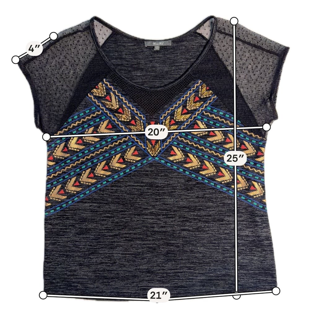 Miss Me Black Heathered Embroidered Beaded Mesh Shoulder Top
