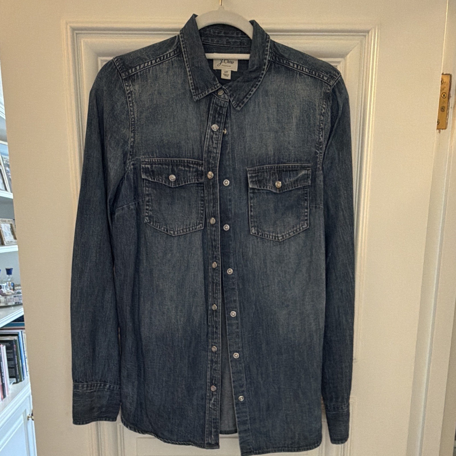 J.Crew Women’s Blue Denim Cotton Button-Down Collared Pockets 6T Tall
