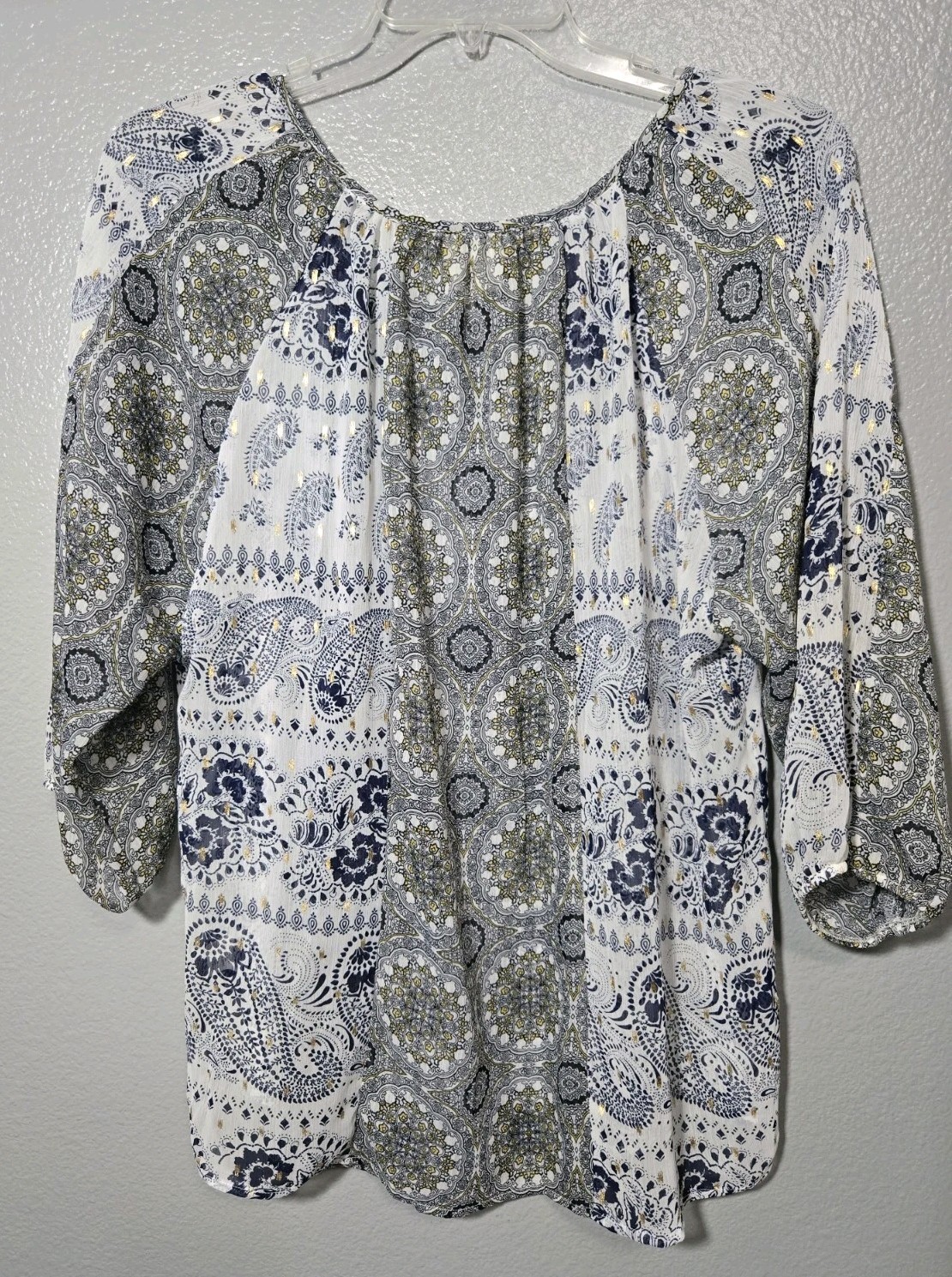 Fig And Flower Sheer White & Navy W/Gold Foil Floral Peasant Blouse Top 2X Boho