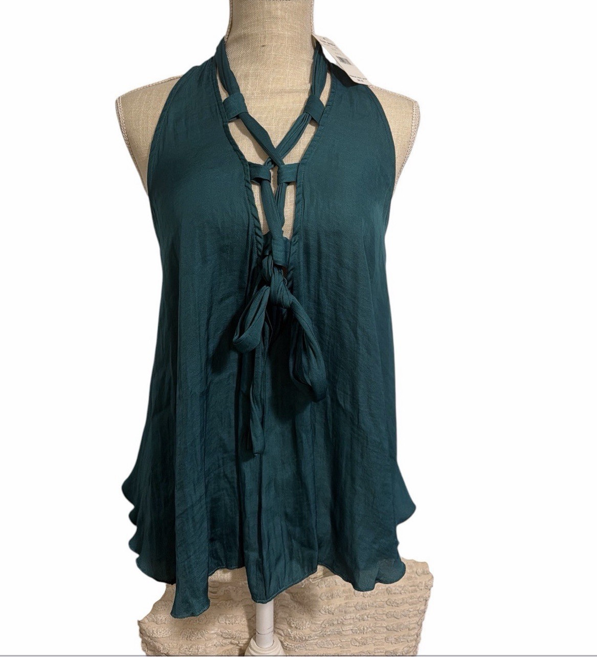 Free People Teal Halter Neck Tie-Front Sleeveless Blouse Top Womens S