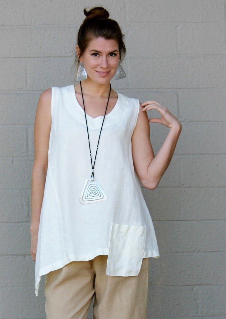 MOSAIC USA 2390 Linen DROP POCKET TANK TOP Angle Hem Tunic S M L XL 8 COLORS