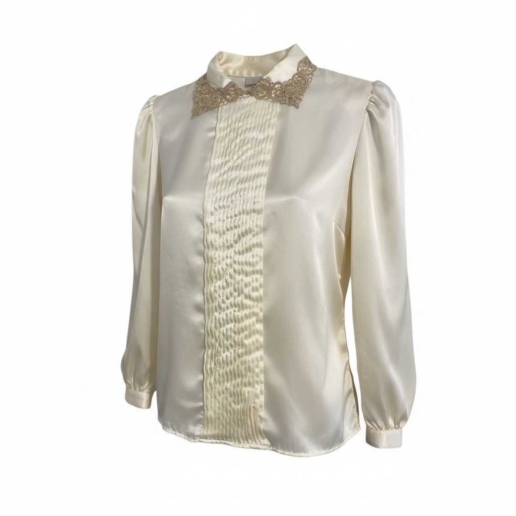 Nilani Satin Blouse Sz 14 Gold Lace Collar Gold Buttons Vintage 1980s Victorian