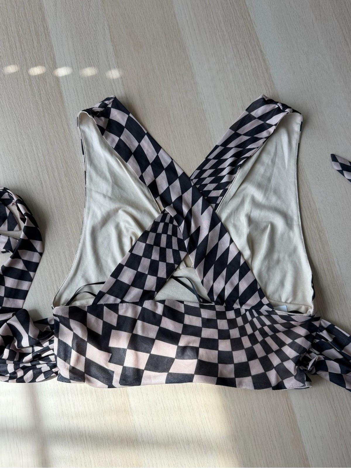 Checkered Mesh Wrap Crop Top Cross Back Tie Strap Sheer Y2K Going Out Blouse