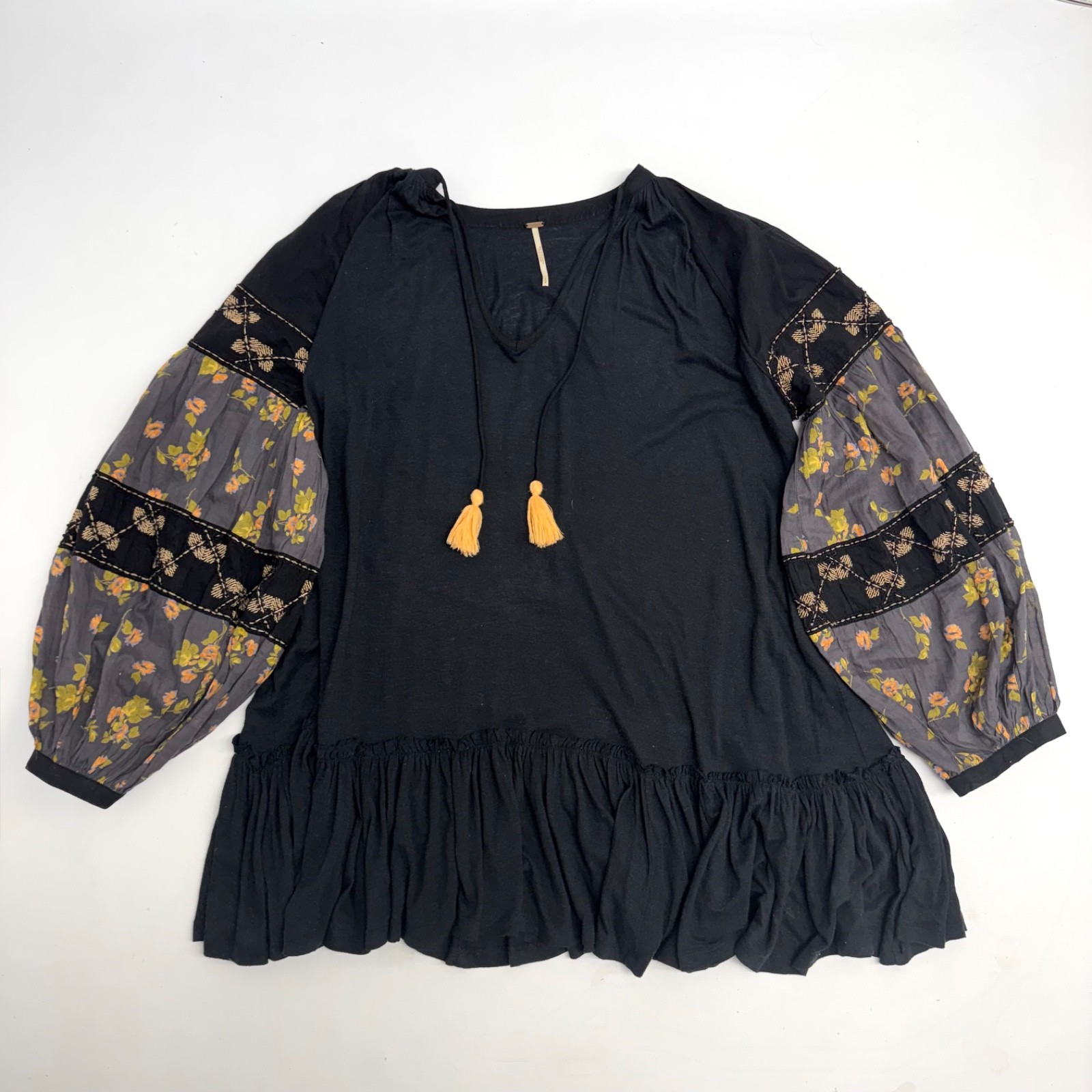 Free People Mix It Up Tunic Flowy Blouse Top Linen Blend Boho Floral Black, sz S