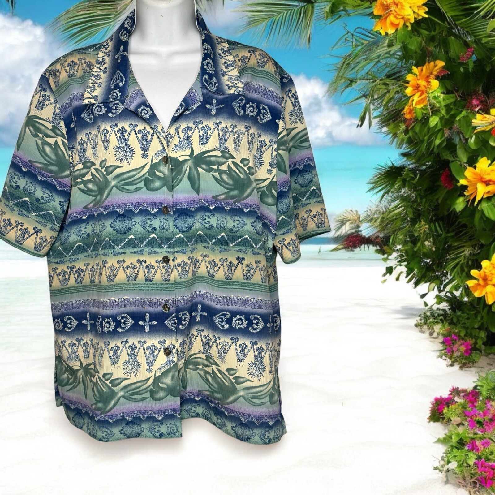 TanJay Ladies Tropical Button Up Size 12 Vacation Beach Blues Cruise wear