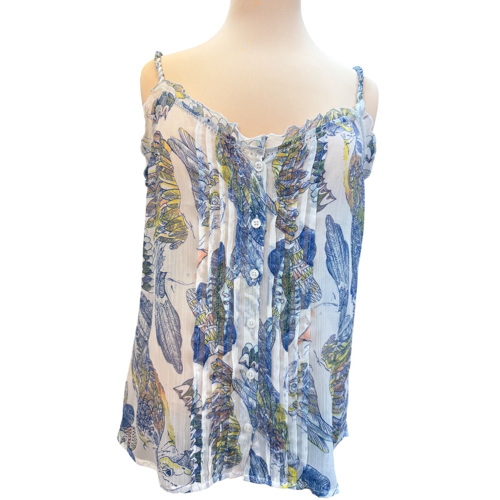 Quiksilver Camisole Women Small White Blue Yellow Bird Print Pintuck Boho Beach