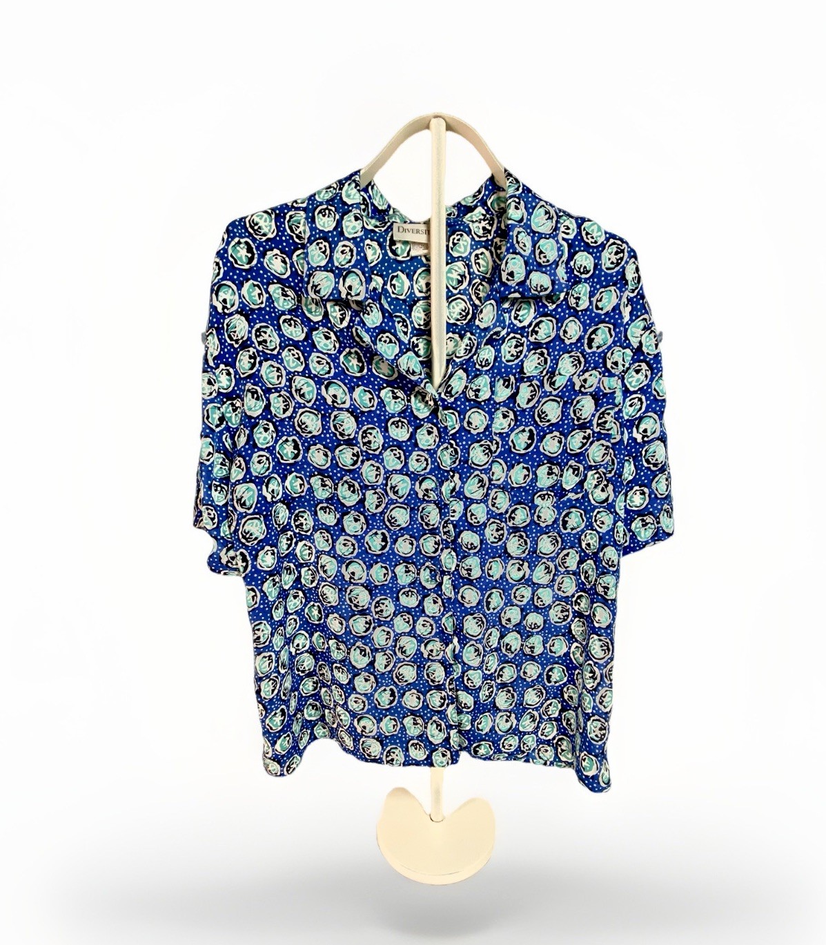 Vintage Diversity Women’s Petite Size 14 Blue Geometric Button Down Shirt EUC