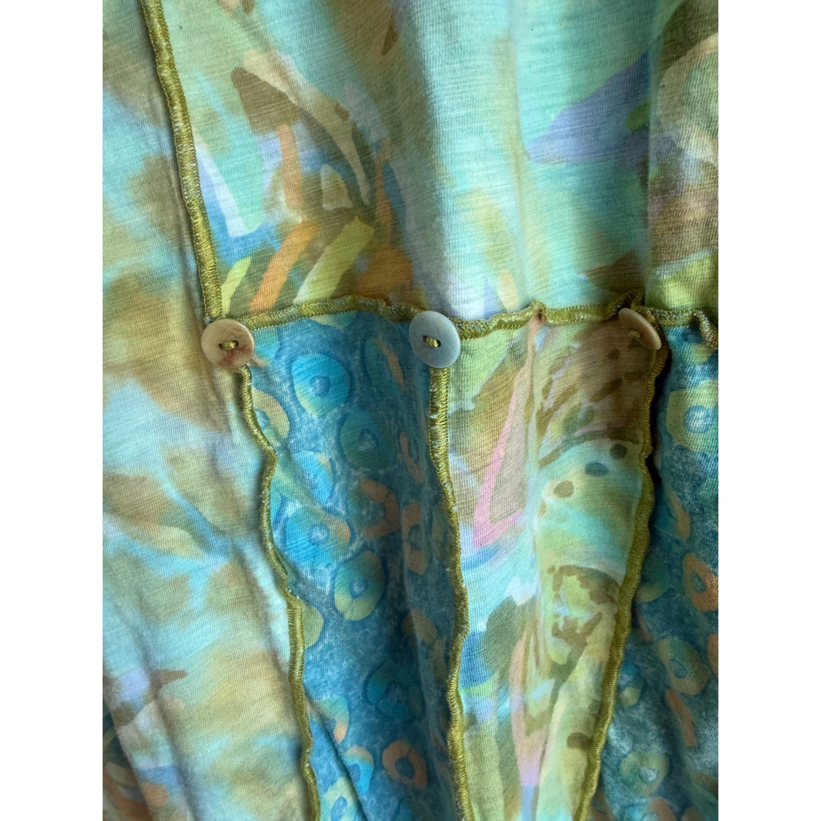 Winter Sun Womens Art to Wear Cotton Top 3/4 Sleeve Abstract Green Blue Medium