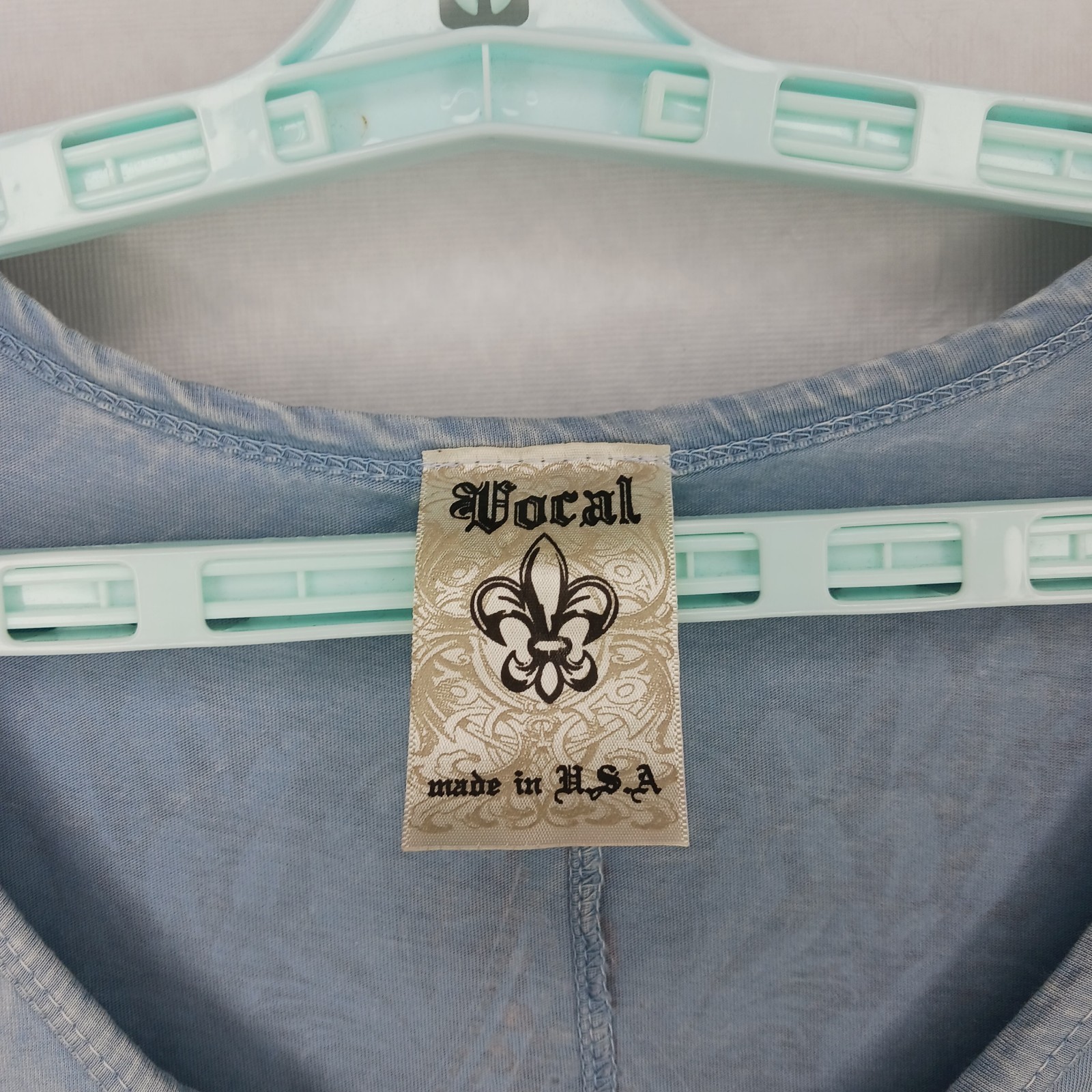 Vocal womens Y2K Wings Fleur De Lis tunic top beaded sparkly 2XL baby blue USA